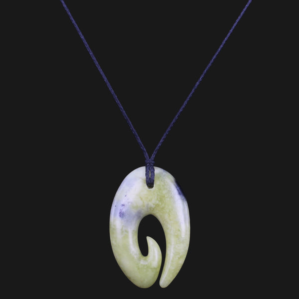 New Zealand Maori Fish Hook Pendant Necklace - Seawater Color, Traditional  Binding Rope, Adjustable Wax Rope, Hei Matau Jade Carving